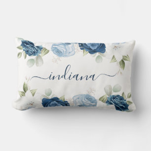 Aquarellfarben, blau, floralblau, elegant Monogram Lendenkissen
