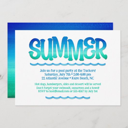 Aquarellfarben Blau & Grüne Wellen Sommer Party Einladung (Vorne/Hinten)