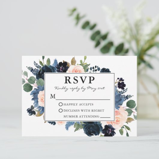 Aquarellfarben, blau-rosa, florale Rahmen Hochzeit RSVP Karte (Stehend Vorderseite)