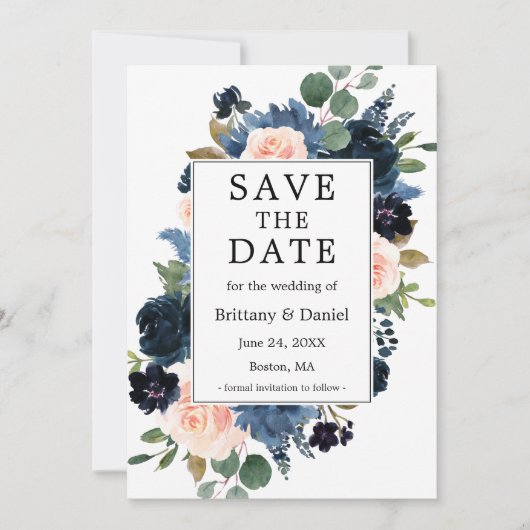 Aquarellfarben, blau rosa, florale Rahmen Save The Date (Vorderseite)