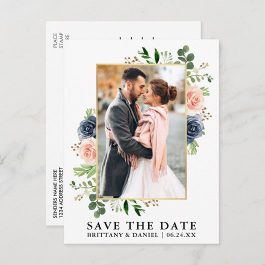 Aquarellfarben Blau Rosa Rosen Save the Date Postkarte (Vorne/Hinten)