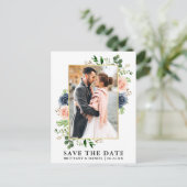 Aquarellfarben Blau Rosa Rosen Save the Date Postkarte (Stehend Vorderseite)