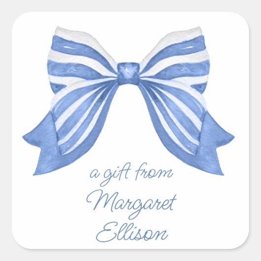 Aquarellfarben Blau Streifen Bow Geschenkklammer Quadratischer Aufkleber (Vorderseite)