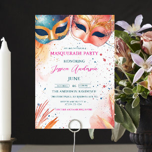 Aquarellfarben Blau und Rote Masquerade Party Gebu Einladung