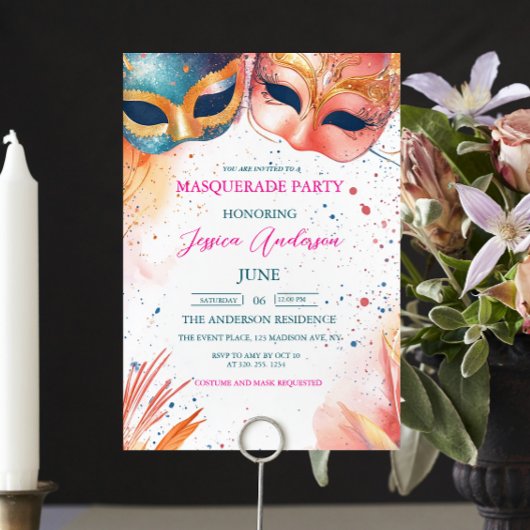 Aquarellfarben Blau und Rote Masquerade Party Gebu Einladung