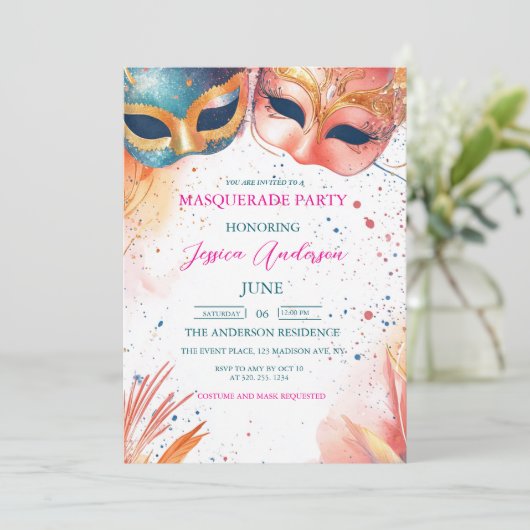 Aquarellfarben Blau und Rote Masquerade Party Gebu Einladung (Stehend Vorderseite)