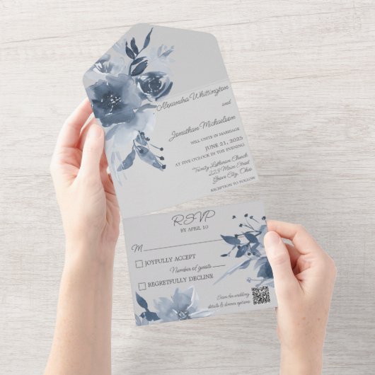 Aquarellfarben, blaue Blüte, hellgrauer QR-Code All In One Einladung (Abreißen)