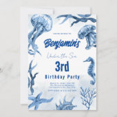 Aquarellfarben Blaue Ozeane Unterwassertiere Gebur Einladung (Vorderseite)