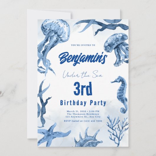 Aquarellfarben Blaue Ozeane Unterwassertiere Gebur Einladung (Vorderseite)