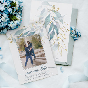 Aquarellfarben Blauer Blume Elegantes Foto Hochzei Save The Date