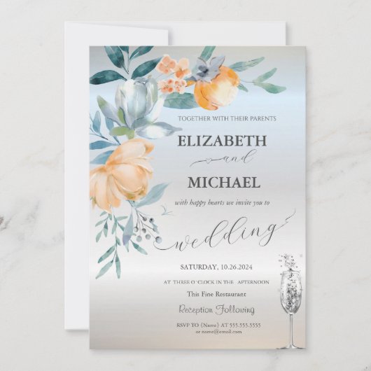 Aquarellfarben Blauer Blumen Weinglas Silber Einladung (Vorderseite)