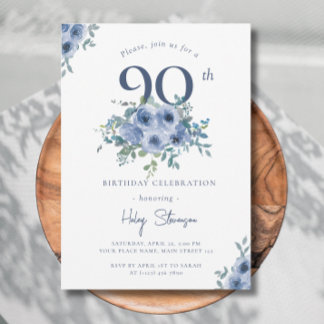 Aquarellfarben Blauer Flor 90. Chic Geburtstag Einladung