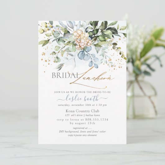 Aquarellfarben Blauer Gum Eukalyptus-Brautparty Einladung (Stehend Vorderseite)