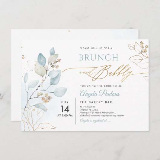 Aquarellfarben Blauer Gum Eukalyptus Brunch Bubbly Einladung (Vorne/Hinten)