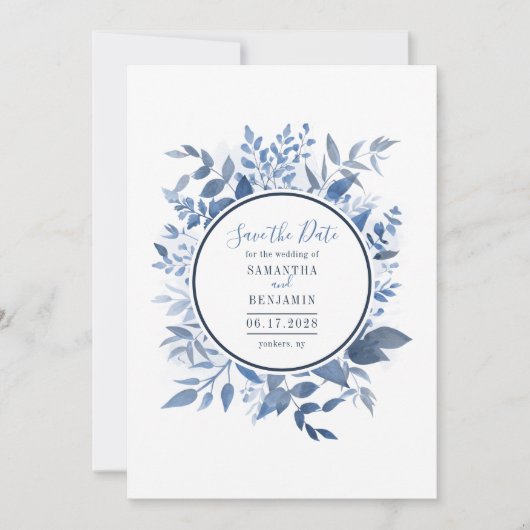 Aquarellfarben Blauer Navy Blue Script Save the Da Date (Vorderseite)