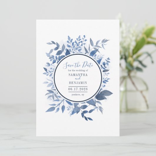 Aquarellfarben Blauer Navy Blue Script Save the Da Date (Stehend Vorderseite)