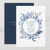 Aquarellfarben Blauer Navy Blue Script Save the Da Date (Vorne/Hinten)