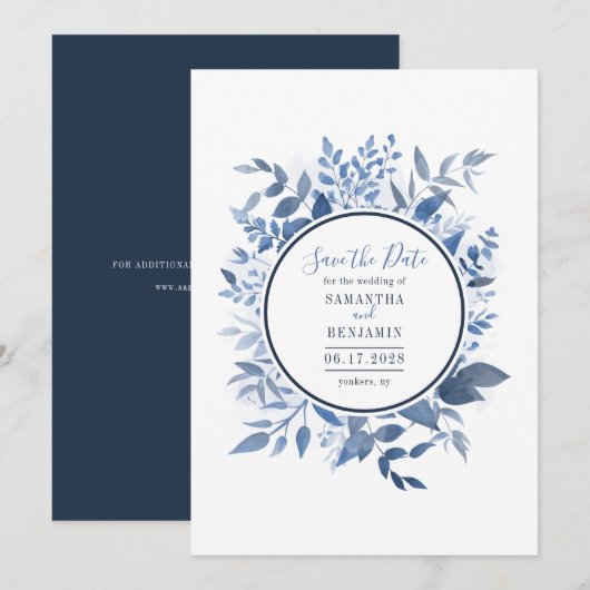 Aquarellfarben Blauer Navy Blue Script Save the Da Date (Vorne/Hinten)