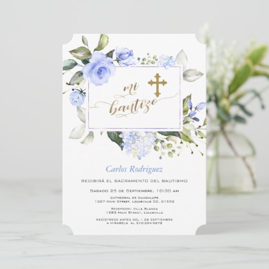 Aquarellfarben Blauer Rahmen Gold Cross Mi Bautizo Einladung (Stehend Vorderseite)