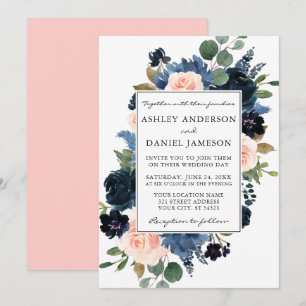 Aquarellfarben Blauer Rosa Blütenblütenblume Hochz Einladung
