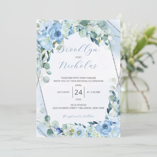 Aquarellfarben Blauer Rose Hochzeit Einladung (Stehend Vorderseite)