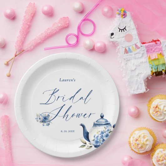 Aquarellfarben Blauer Tee Party Brautparty Pappteller (Party)