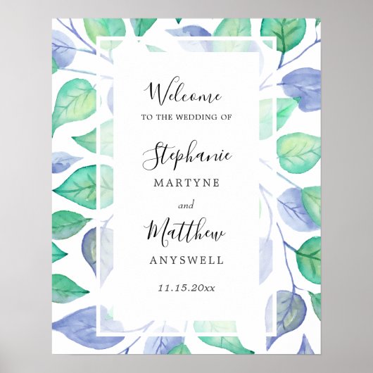 Aquarellfarben blaugrüne Blätter Hochzeitsfeier Poster (Vorne)