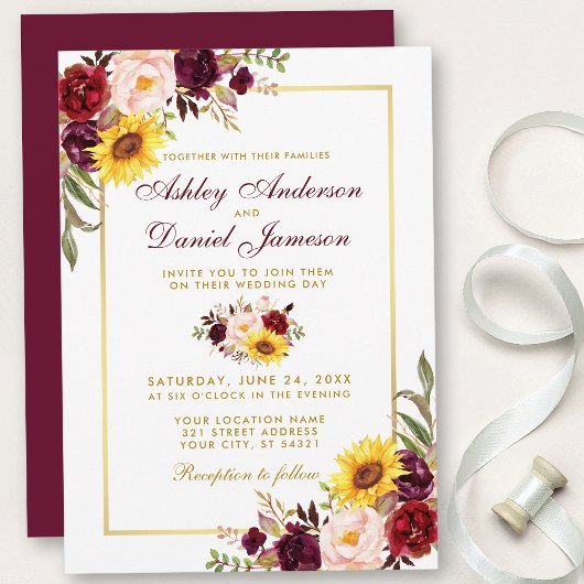 Aquarellfarben Bloral Wedding Burgundy Gold Einladung