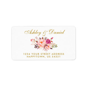 Aquarellfarben Blues Rosa Blush Gold Hochzeitadres Adressaufkleber