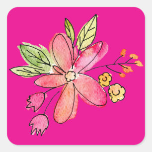 Aquarellfarben-Blume auf Neonrosa Quadratischer Aufkleber