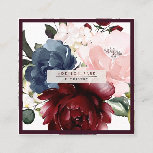 Aquarellfarben Blume Dusty Blue Burgundy Blush Quadratische Visitenkarte (Vorderseite)
