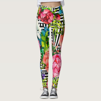 Aquarellfarben Blume Geometrisches Schwarz-weißes Leggings
