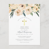 Aquarellfarben Blume Gold Cross Erste Heilige Komm Einladungspostkarte (Vorderseite)