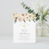 Aquarellfarben Blume Gold Cross Erste Heilige Komm Einladungspostkarte (Stehend Vorderseite)