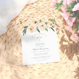 Aquarellfarben Blume Gold Cross Erste Heilige Komm Einladungspostkarte