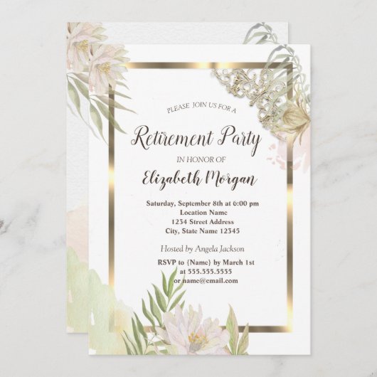 Aquarellfarben-Blume Gold-Rahmen-Rückgabe Einladung (Vorne/Hinten)