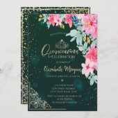 Aquarellfarben Blume Green Gold Tiara, Quinceañera Einladung (Vorne/Hinten)