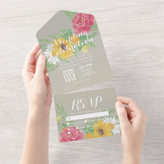 Aquarellfarben Blume Grüner Glitzer Hochzeit RSVP All In One Einladung (Abreißen)