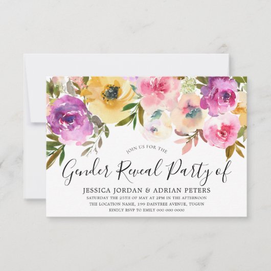 Aquarellfarben Blume Kinderdusche Geschlecht offen Einladung (Vorderseite)