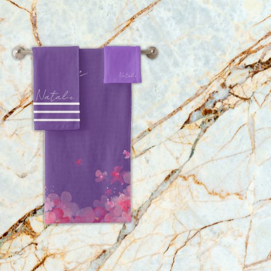 Aquarellfarben-Blume-Lavendel lila Name Badhandtuch Set