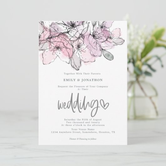 Aquarellfarben Blume Lilac Pink Script Hochzeit Einladung (Stehend Vorderseite)