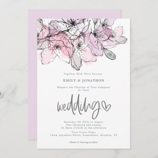 Aquarellfarben Blume Lilac Pink Script Hochzeit Einladung (Vorne/Hinten)