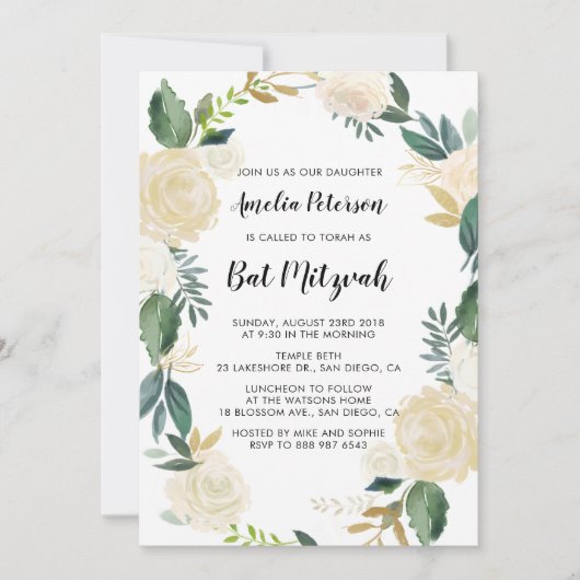 Aquarellfarben-Blume mit Gold-Glitzer-Bat Mitzvah Einladung (Vorderseite)