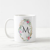 Aquarellfarben-Blume mit Twigs-Wreath-Monogramm-Ta Kaffeetasse (Links)