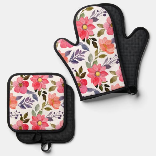 Aquarellfarben Blume Ofen Mitt und Töpfchen Ofenhandschuh & Topflappen-Set (Vorderseite/Rückseite)