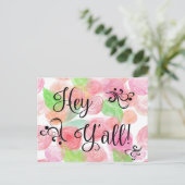 Aquarellfarben Blume Pink Hey Y'all Hübsch Spaß Postkarte (Stehend Vorderseite)