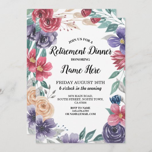 Aquarellfarben Blume Ruhestand Party Einladung (Vorne/Hinten)