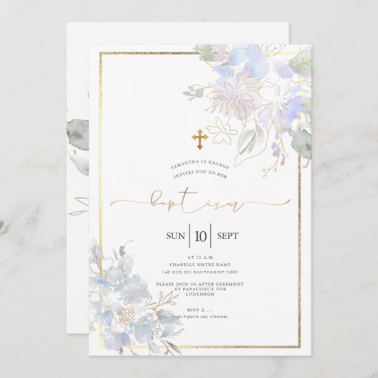 Aquarellfarben Blume Taufe Dusty Blue Platterbsen Einladung (Vorne/Hinten)