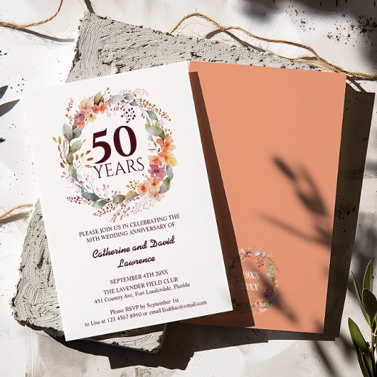 Aquarellfarben Blumengarten Korallenrosa 50. Hochz Einladung