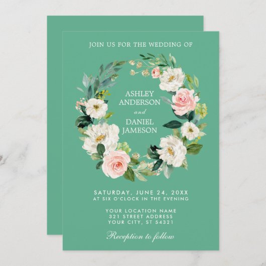 Aquarellfarben Blumenreath Rosa Weißes Gold Neo Mi Einladung (Vorne/Hinten)